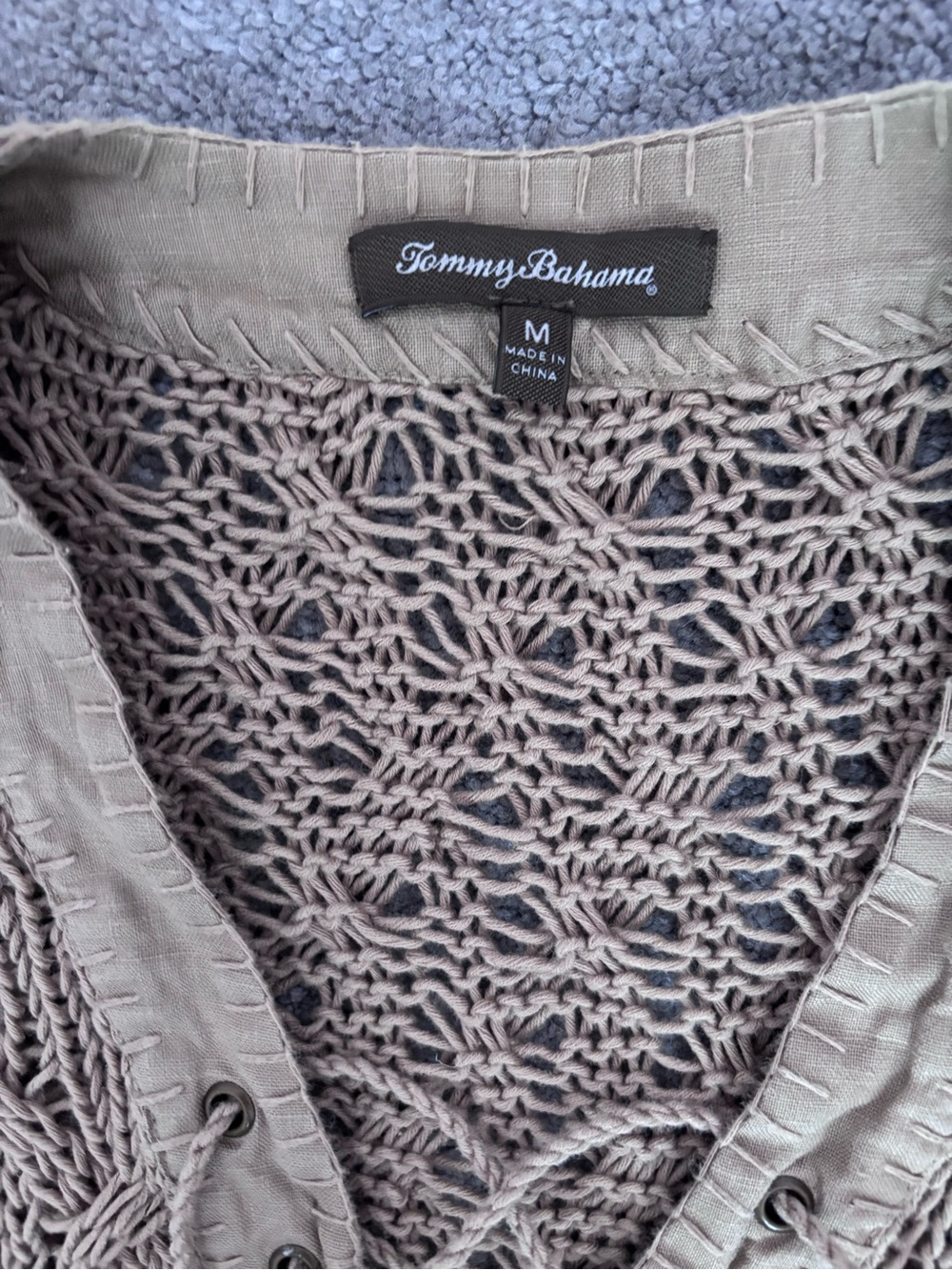 Tommy Bahama Women Linen Blend Chunky Cable Knit Lace Up Tunic Sweater Taupe - Picture 7 of 9